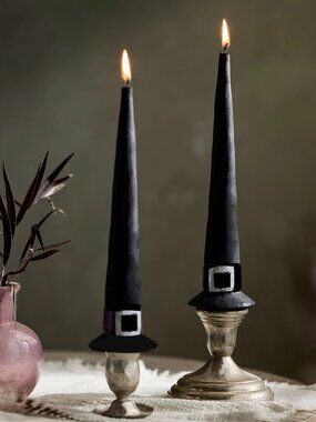 Halloween- 2 Witch Hat Taper Candles Black Glitter Hat Buckle Sur La Table